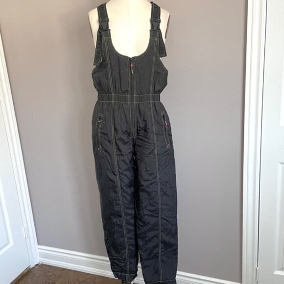 Vintage 80s Black Insulated Ski Pants Bib Overalls - Small - Picture 3 of 10